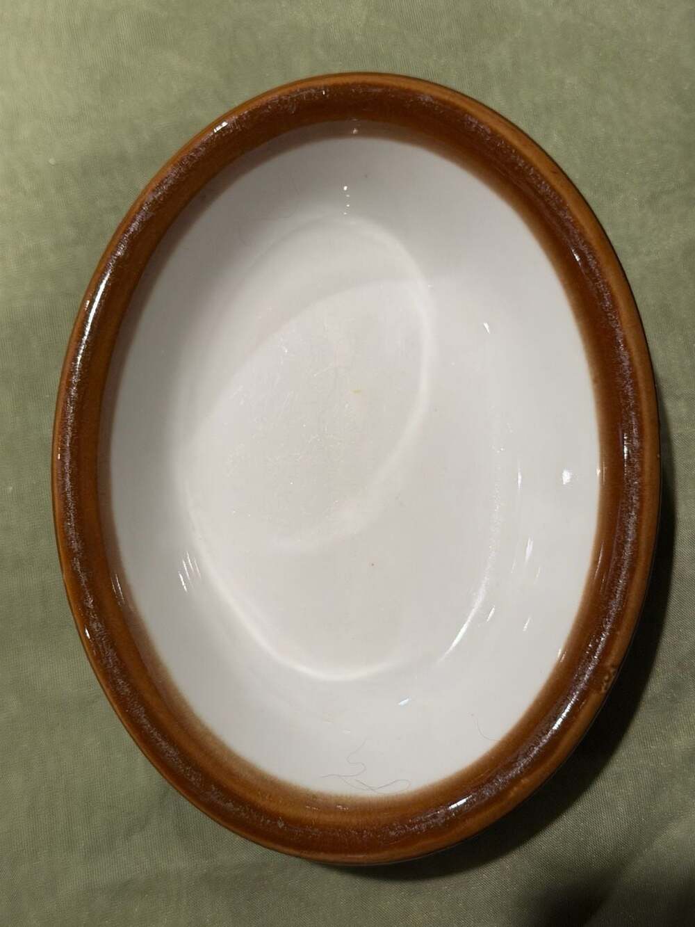 Vintage Hall Pottery White Oval Casserole Baking Dish with Brown Rim